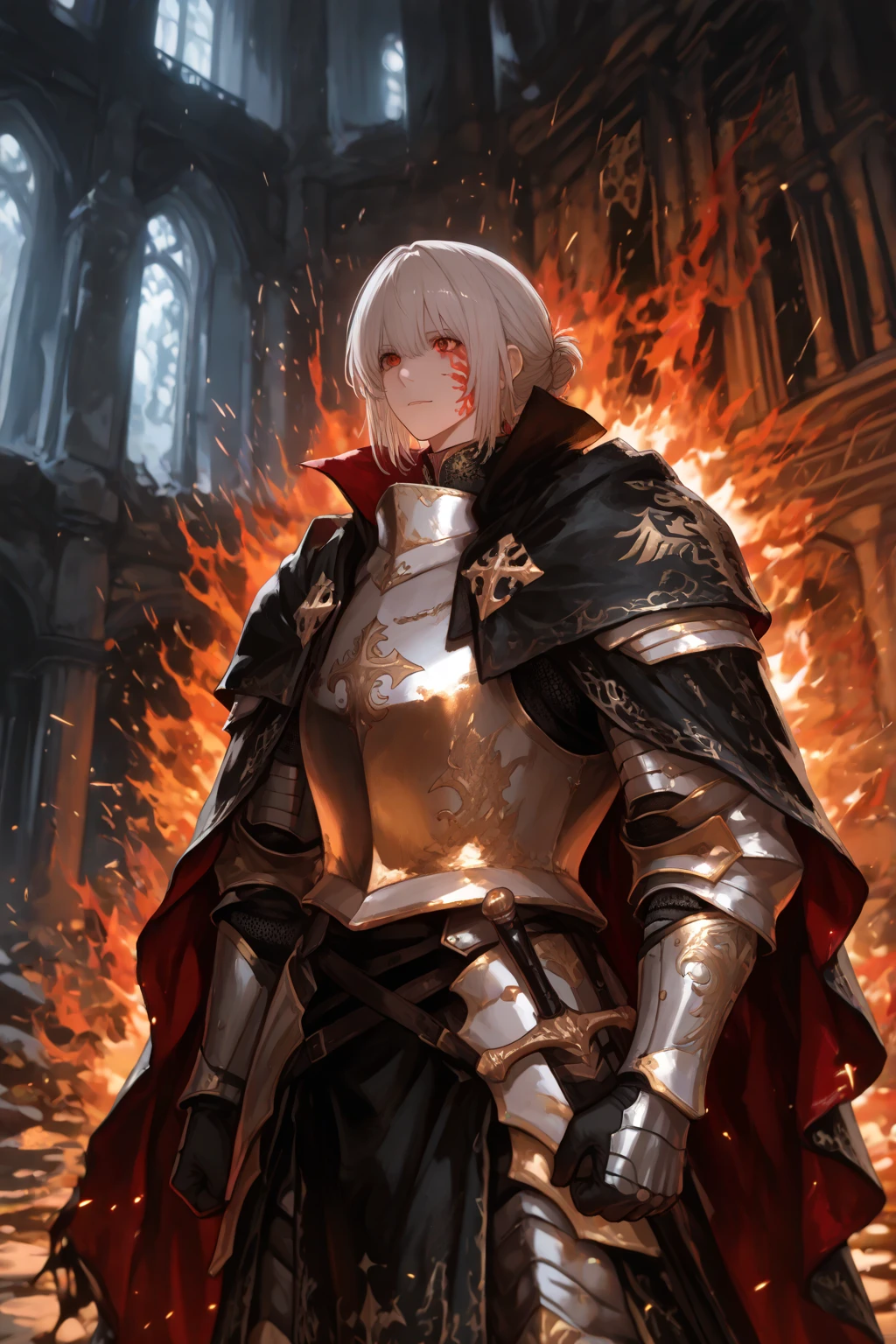 (masterpiece, best quality, detailed, vibrant colors), fantastical, (solo), (knight), kneeling, chainmail, plate armor, sad, tears, outdoors, battlefield, (blood:1.1), tired, exhausted, windy, backlight, cape, tragic, dramatic, (night), red moon, moonlight, thunderstorm, lightning, clouds, blood pond, wrenchsfantasy, fantasy, glowing 
