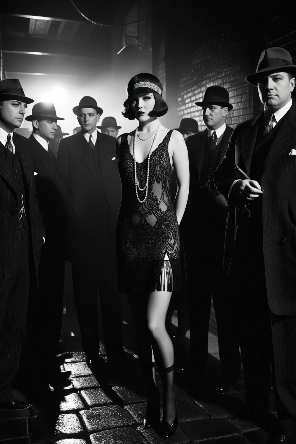 secret underground speakeasy from the Prohibition era with gangsters, jazz musicians, and flapper girls.