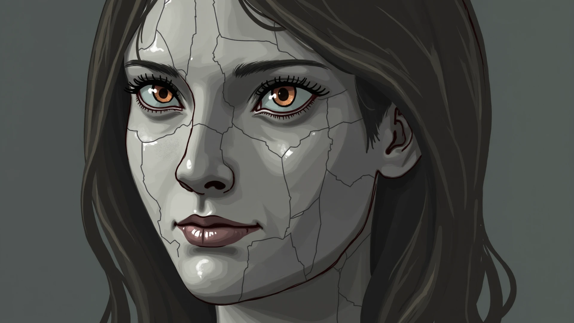 a woman with broken eyes, shattered irises, staring in a hypnotic haze, no makeup, detailed face, female, beautiful detailed eyes, beautiful detailed lips, extremely detailed eyes and face, long eyelashes, beautiful portrait, photorealistic, cinematic lighting, dramatic colors, fantasy, dark, moody, surreal, masterpiece, best quality, 8k, highres, ultra-detailed, realistic