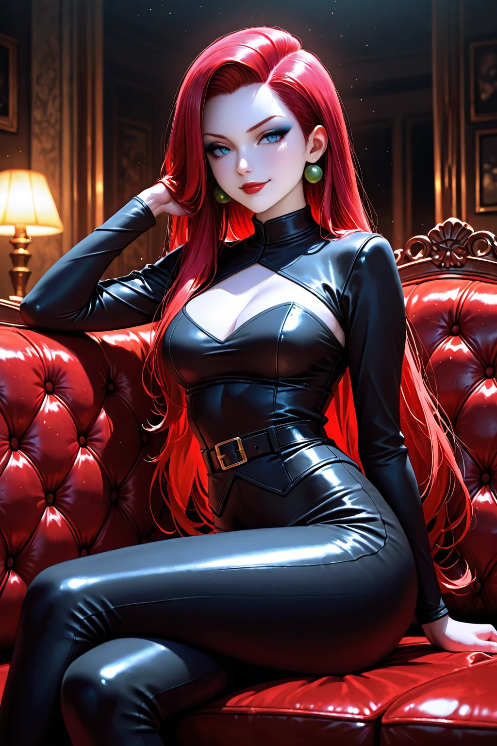 (1 mature woman), masterpiece, glamourous, Long red hair, (red eyes), (short black leather lace-up top), black leather pants, black knee-high boots, detailed clothes, sitting on a throne,