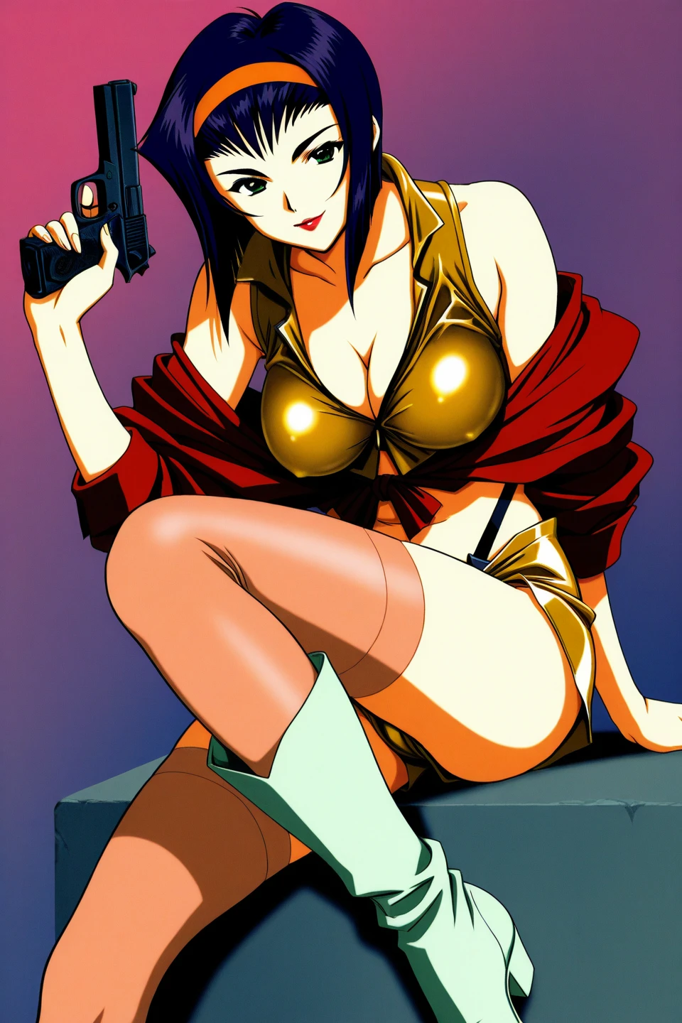 ((Masterpiece)), ((best quality)), very detailed, Detailed background, 1 woman, messy blonde hair , sly face , naked , Slim-fit leather jacket , abdomen, big breasts , underwear , Put your hands on your hips.. , Long legs , Barefoot , wall