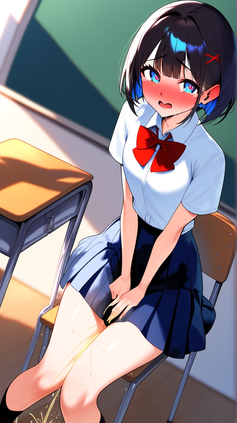 ponytail, hair clip, short sleeves, neck ribbon, white shirt, green skirt, pleated skirt, red ribbon sparrow, braid, hair clip, (futanari), (erect dick), (ejaculation), (blushing), (bowlegs), (sitting), (handjob),(from the front), (penis milk),sexual desire, skirt lifting, on the bed,ahegao,