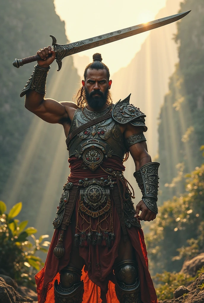 Ancient Thai soldiers have disguised moustaches, fangs, and hold double swords with tattoos.