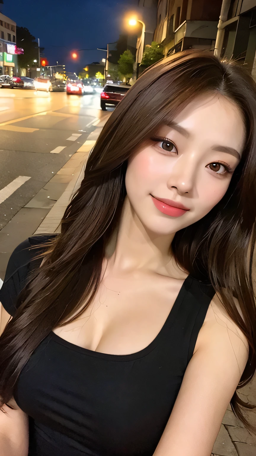 (highest quality, High resolution, masterpiece: 1.3), tall and beautiful woman, thin abs, loose wavy dark brown hair, chest, Wearing a necklace, red button shirt, belt, black skirt, (modern architecture in the background), Beautifully expresses the texture of the face and skin in detail, fine eyes, double eyelid, selfie angle