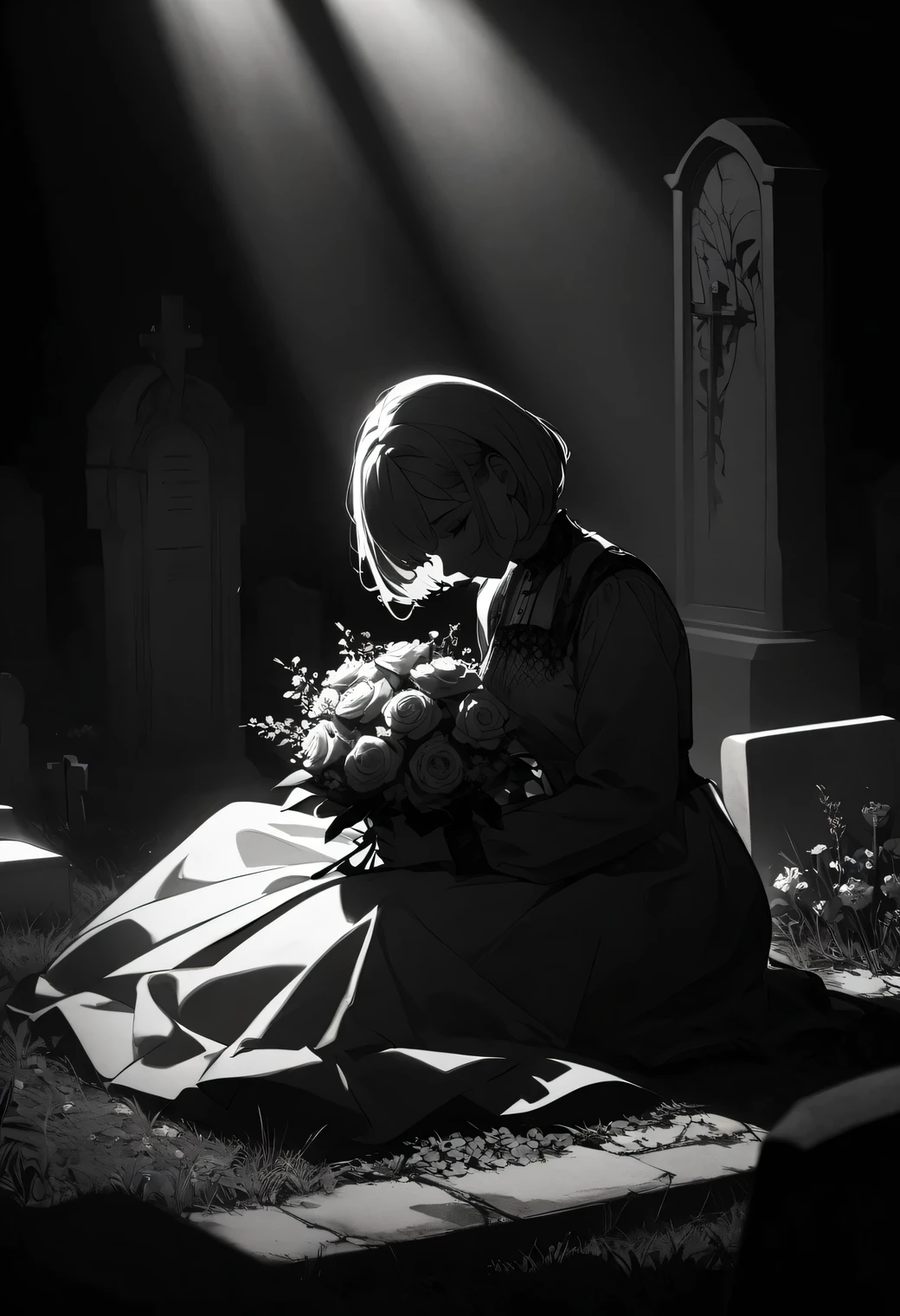 1girl, anime style, short blonde hair, bob cut, bangs, sitting pose, kneeling, white dress, long sleeves, holding flowers, white flowers, bouquet, cemetery, gravestones, tombstones, dramatic lighting, high contrast, black and white with selective color, monochrome with color accents, melancholic atmosphere, solemn mood, memorial scene, detailed shading, soft lighting, artistic shadows, emotional expression, gentle face, peaceful expression, floral arrangement, grave visit, remembrance, gothic atmosphere, cinematic composition