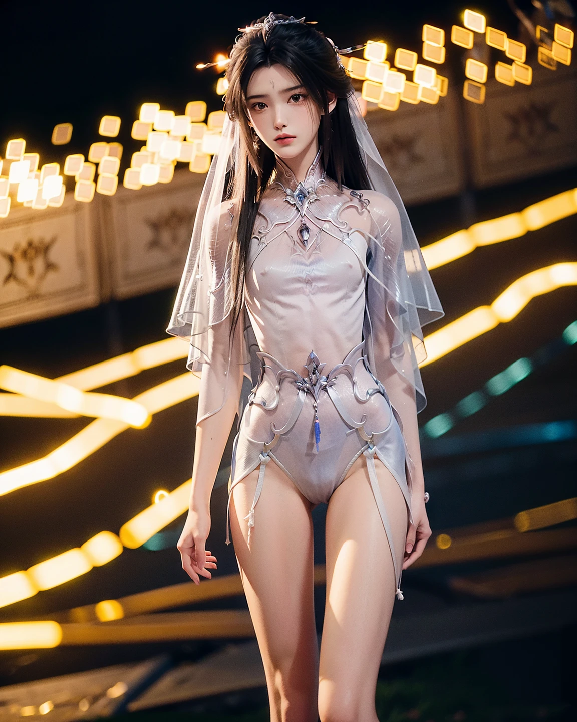 An Asian Chinese female model, (background:Virtual space),(background:night), (8K Ultra HD, Digital SLR Camera, Soft Light, high quality, Volumetric Lighting, frank, photo, high resolution, 4K, 8K, Bokeh), ((Create stunning images of real girls), warm light, Dynamic poses, Elegant Posture, Cowboy lens, Full body front view, From the front,Be confident, Front of the body facing the camera, Standing posture facing the camera, Open your legs slightly, Golden Ratio Graphics, Minimalism), (Show a charming smile, Willow Leaf Eyebrows, big eyes, Apricot eye prick, Cherry Blossom, Balanced Eyes, Oval face, Pretty Face, Normal facial features, Skin is transparent and visible, Thin skin and tender meat, cosmetic, earrings, bracelet, necklace, Jewelry, veil, Hair accessories), (Brown hair, Wavy curly hairstyle, Waist-length hair, Messy Hairstyle, Gradient hairstyles, Cyberpunk hairstyle), ((Transparent clothes:1.5), (Color of clothes:amaranth red), See-through clothes, Mesh clothes, Transparent mesh one-piece swimsuit, Lace sexy lingerie), (Sexy, Perfect breast shape, Teardrop-shaped chest shape, Snow-white breasts, very detailed breasts, 34E cup, Exposing the southern breast), (Super high waist clothes, Waist hollow,Camel toe, Levain), (Black socks, Sheer lace knee socks, 吊garter, Leg ring, garter, 腿部garter)
