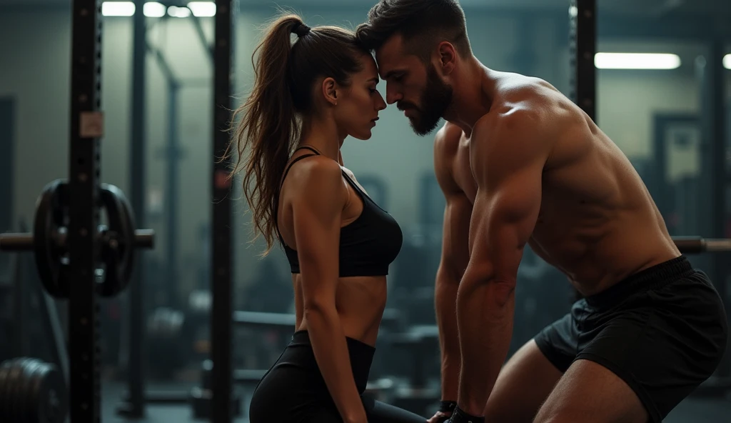 A hot and perfect woman with a big butt and legs, tied hair and round glasses, in a Topper and tight shorts highlighting her big butt, taking a selfie in the gym mirror with her handsome boyfriend, fit and only in shorts.