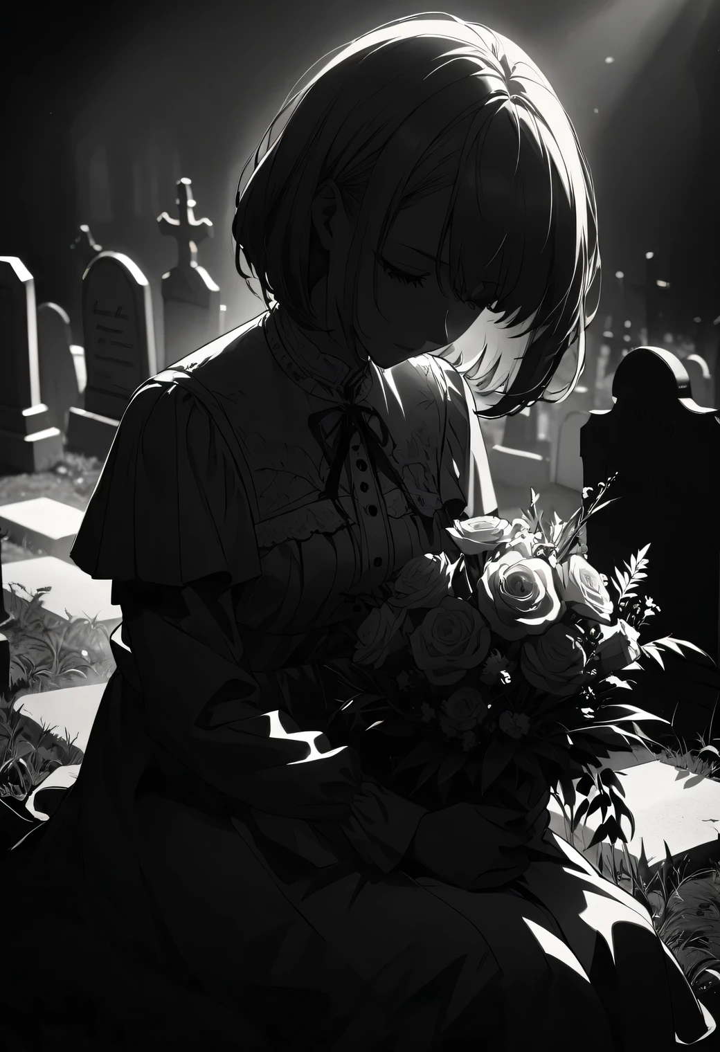 1girl, anime style, short blonde hair, bob cut, bangs, sitting pose, kneeling, white dress, long sleeves, holding flowers, white flowers, bouquet, cemetery, gravestones, tombstones, dramatic lighting, high contrast, black and white with selective color, monochrome with color accents, melancholic atmosphere, solemn mood, memorial scene, detailed shading, soft lighting, artistic shadows, emotional expression, gentle face, peaceful expression, floral arrangement, grave visit, remembrance, gothic atmosphere, cinematic composition