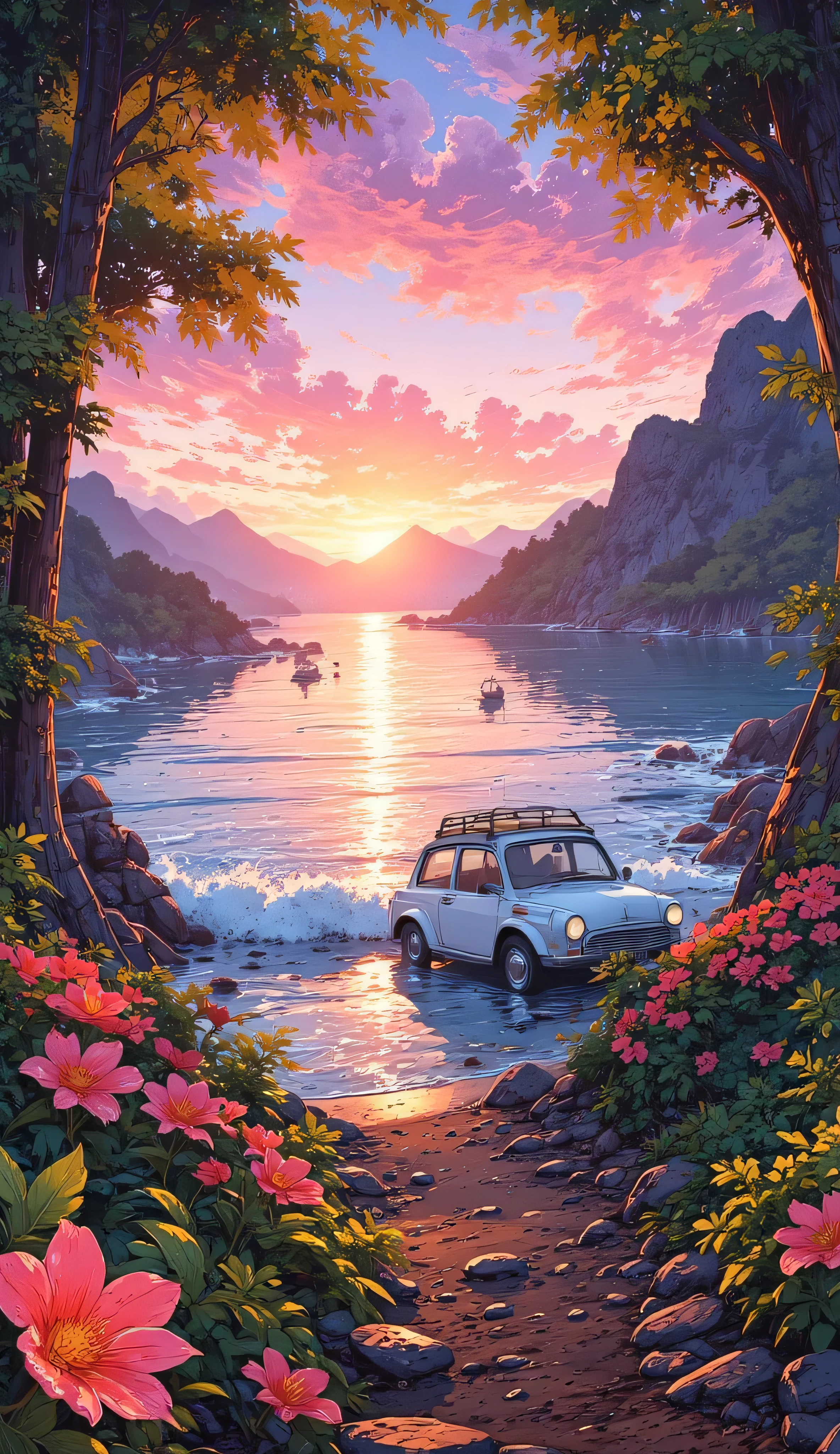 Stunning ultra-high-definition 8K wallpaper capturing a sudden panoramic view of a vast, shimmering lagoon as I emerge from a dense bamboo forest in a sleek white electric jeep. The lagoon’s water sparkles with crystal clarity beneath a soft pastel sunset sky, blending hues of pink, lavender, and gold. Surrounding the lagoon, wild orchids and vibrant heliconias bloom abundantly, their colors intensified by the warm glowing light. In the distance, misty limestone karsts rise majestically, creating a dramatic yet tranquil backdrop. The scene exudes a magical atmosphere with delicate light rays filtering through the canopy, highlighting the rich textures and vivid contrasts of this tropical paradise.