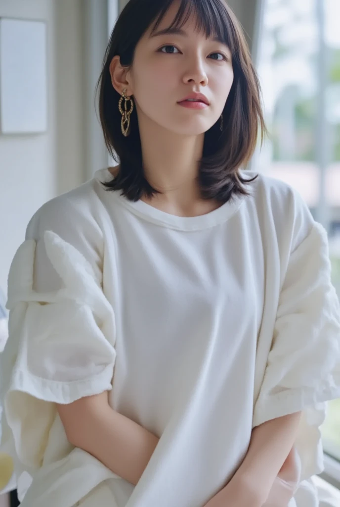 (best quality), (masterpiece), an 8K, 32K image of a beautiful Japanese woman with medium, shoulder-length hair. The image should focus on her upper body and have a surface focus. She should be wearing a long sleeve shirt and a necklace, with a white simple background. The photo should be taken from above, using a mix of 4 different shots. The image should be in 8K, with raw photo quality and should be a masterpiece. It should be realistic and photorealistic, with a weight of 1.37 for photorealism. There should be one girl in the image, shot in natural light with photon mapping and physically based rendering. The overall style should be girly, with excellent image quality and high resolution of 1080P. The girl's face should be clean and the hands should be described in detail, including the masseter muscle part. The CG details should be rich and the image should have extreme light and shadow. The girl's hair should look dirty and the image should be a masterpiece with rich details and exquisite features. The eye should also be detailed and the clavicle should be delicate. The girl should be in versatile poses and should not be looking at the camera. The image should be taken in profile, against a white wall or in front of a white door, in a room with a window. The girl should be wearing spring clothes.
