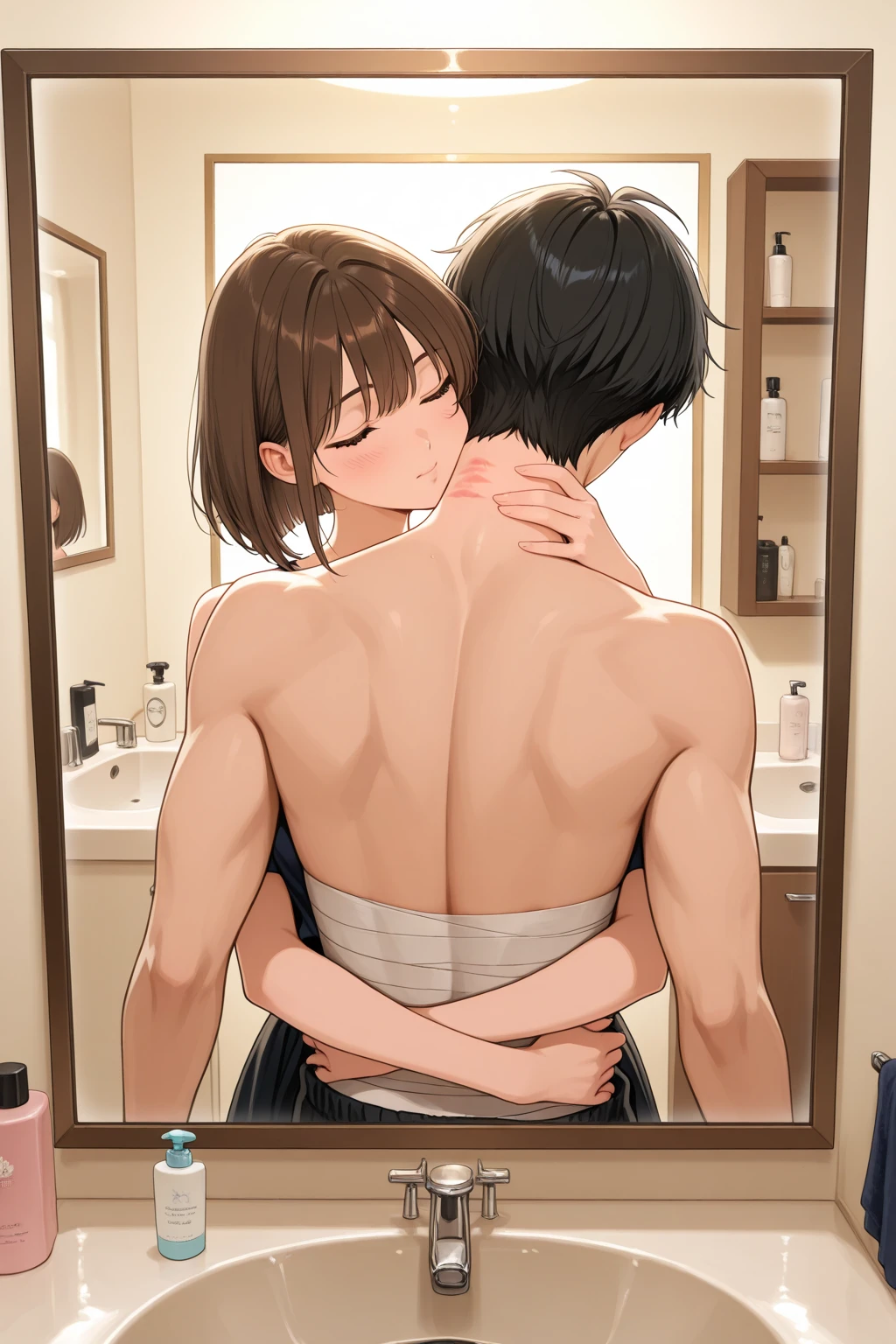 、(masterpiece、Highest quality)、Highest quality, Ultra-high resolution, (((masterpiece))), alone, Sweat、Big eyes, Composition from the front、Shortcuts、Embarrassed face、Bronze colored hair、Cut the back hair short、Bathroom、Shower scene、 Expose、Completely naked、pubic hair、belly button、Large areola、Nipples、short hair