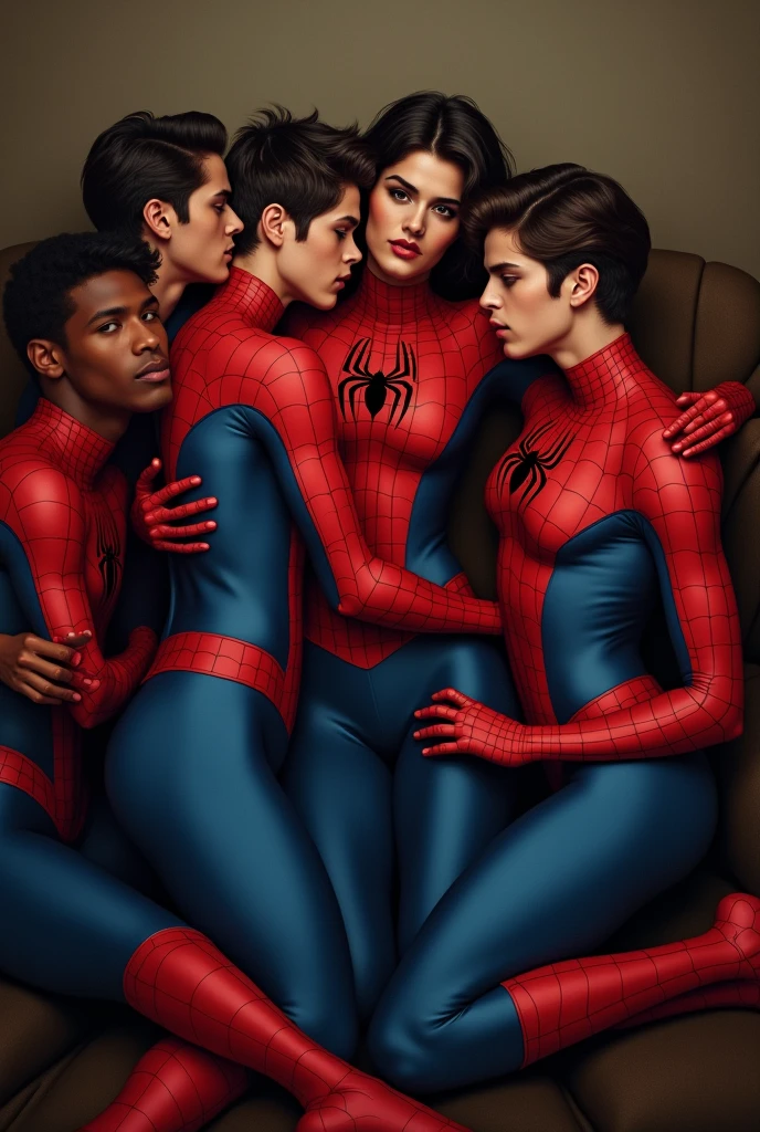Three gorgeous women (varied height, varied weight, varied race, wearing a towel or less, crazy hairdo, crazy jewelry, tend towards fit and hourglass figure) they are flirting with Spider Man, women's locker room. Spiderman has webbed a villain to the wall, he is embarrassed by the women's attention