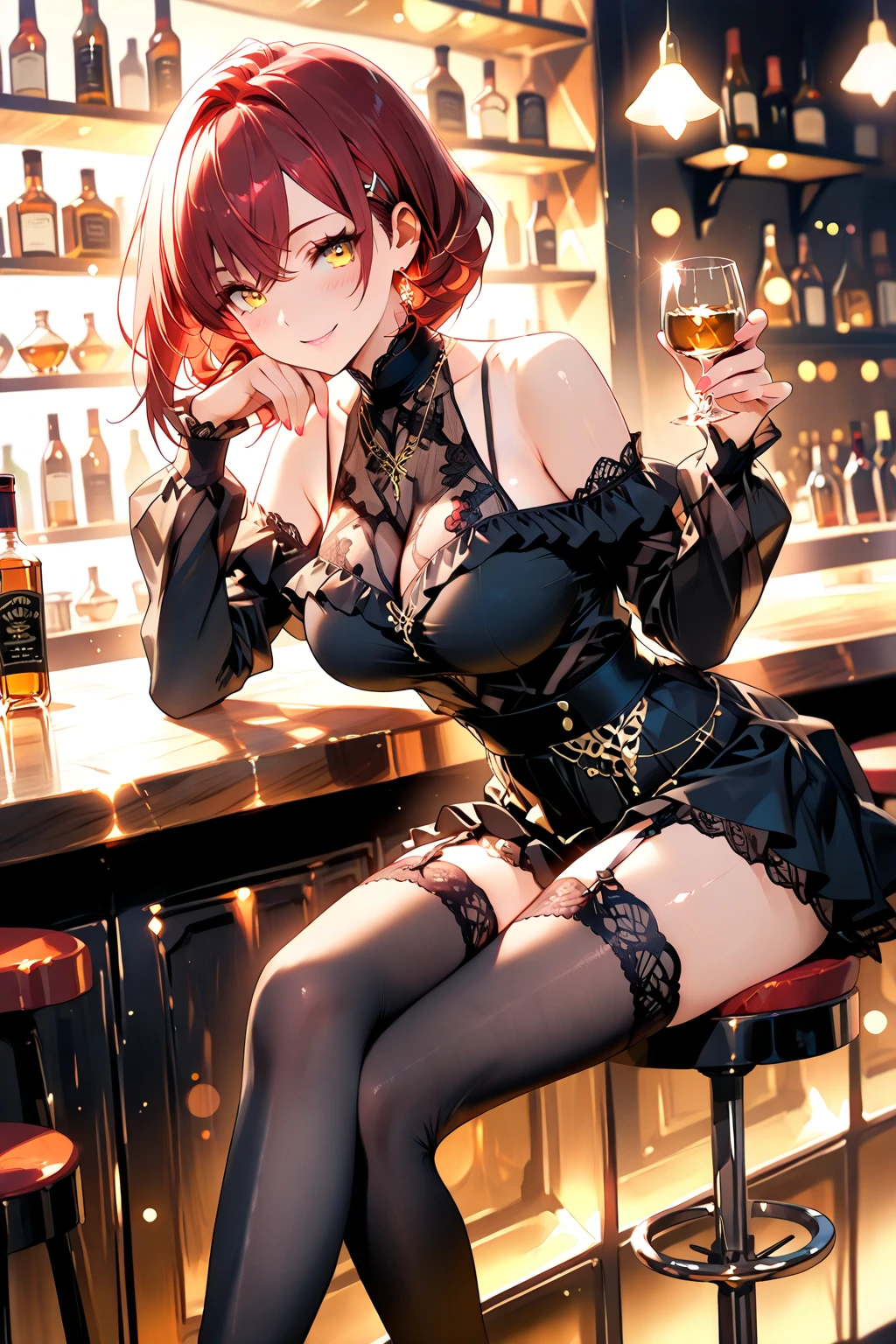 Arima Kana, (Red eyes:1.5), Bob Hair,smile,Redhead,Small breasts,(Bunny girl:1.5),(Black Playboy Bunny:1.0),Bunny ears headband,Fishnet tights,Stiletto heels,sitting cross-legged on a chair,whole bodyがイラストに入るように
break looking at viewer,whole body,
break indoors, stage,
break (masterpiece:1.2), Highest quality, High resolution, unity 8k wallpaper, (shape:0.8), (Beautiful and beautiful eyes:1.6), Highly detailed face, Perfect lighting, Extremely detailed CG, (Perfect hands, Perfect Anatomy),