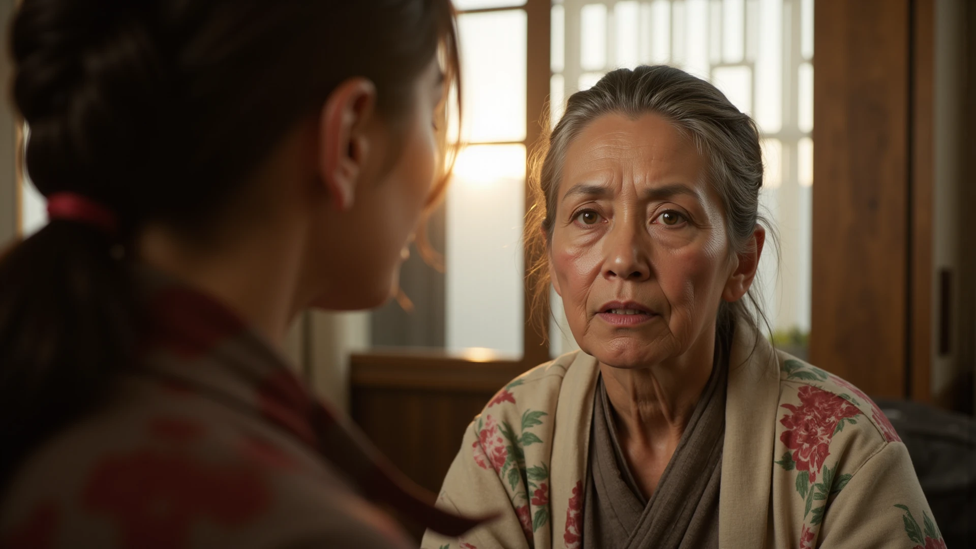 (masterpiece:1.4),(beautiful 60-year-old woman:1.5),(facial wrinkles),creepy smile, (long hair : 1.1), (wearing black kimono), detailed background, dark cinematic lighting, old japanese house
