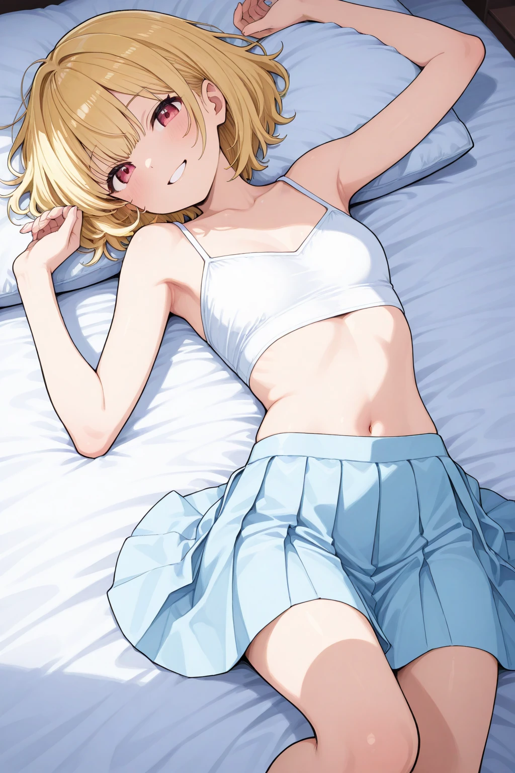 ((masterpiece, best quality;1.3)), ultra detailed, 8k unity wallpapers, CG, ray tracing, illustration, colorful, cinematic shadow, extremely detailed and beautiful background,vhd, shadering VRay,RT, 1girl, smile, teenage, petite, loli, blush, solo, blue eyes, blush, (blonde hair), (medium hair), large breasts, slim waist, white glowing skin, highly detailed beautiful face, beautiful face, beautiful eyes, (talented Lo-Fi:1.3), naked, sexy, lewd, (close eyes), (sleeping), (on back), (white camisole), (white thong), bed, close-up, glowing, glowing light, ultra detailed, scenic, atmospheric