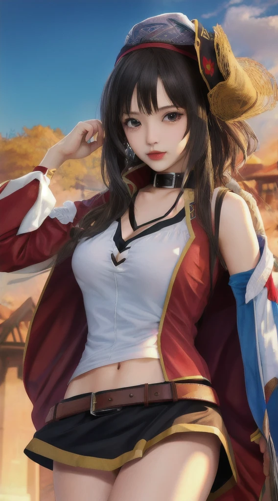 (Masterpiece, high quality, high resolution, epic realism), 1 girl, solo, fluffy hair, lower breasts, (focus on the chest), light_smile, ((ofuda)), bare shoulders, crossed arms,
