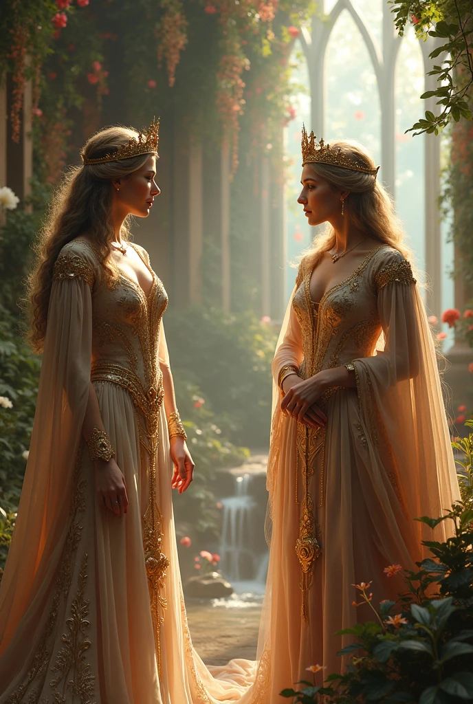 (masterpiece, best quality:1.5), highest quality, High resolution, super detailed, Realists, Upper body photo of a blonde sorceress, detailed and beautiful eyes, beautiful detailed lips, very detailed eyes and face, longeyelashes, shiny satin dress, Holding a magic wand in your hand and performing a transformation spell, Magic wands present and shining, Beautiful and colorful makeup, elegant and noble々The jewelry bag, Gardens as background, soft daylight, bright colors, fine brushstrokes, Portrait style, Silk dress fabric, beautiful color palette, glowing skin, First-class rendering, that captures every detail, enchanting atmosphere, subtle shadows and lights, (perfect anatomy:1.2), (The two breathtaking sorceresses transform birds into jewelry (a transformation):1.4), (magnificent panorama view:1.2)