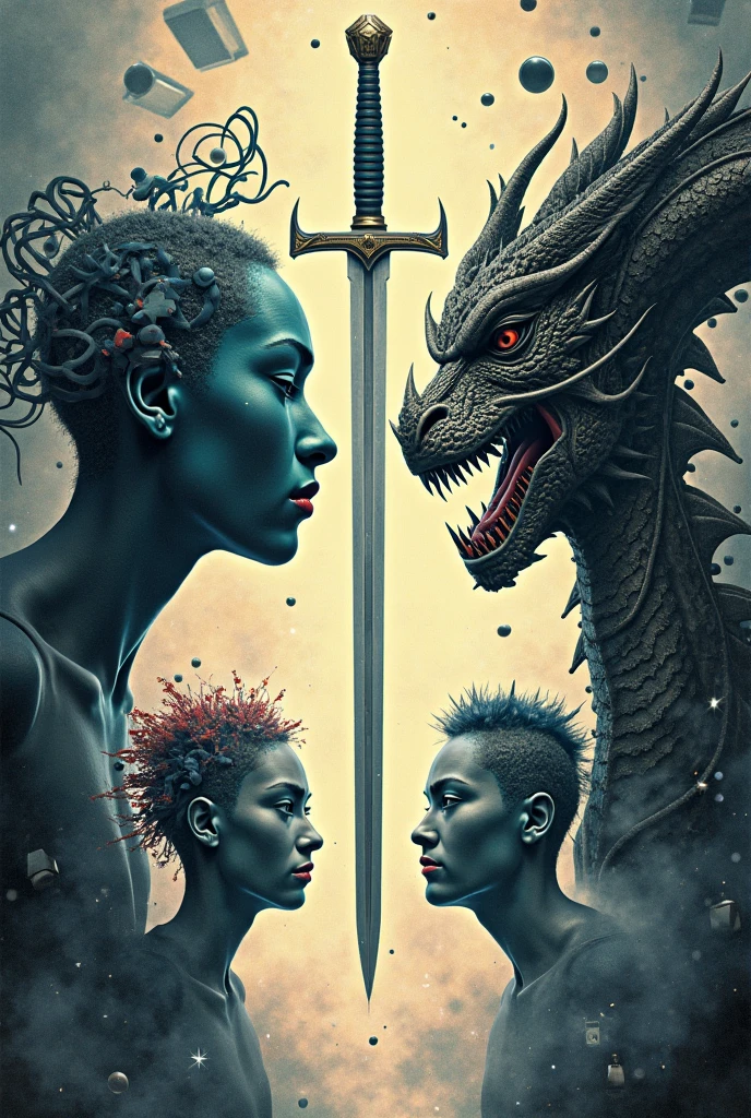 epic realistic, (dark shot:1), tattooed (((albino bald girl, red eyebrows))) hugged in the back (((african ninja girl, black skin, really curly hair ))) floating on dragon head, textured clothing, dragon head, smoke, (((sandstorm))), (flying stone), (((dust explosion:1))), wind, (motion blur), realistic, solo_focus, (dark background), 3d Model, heterochromia eyes, dragons