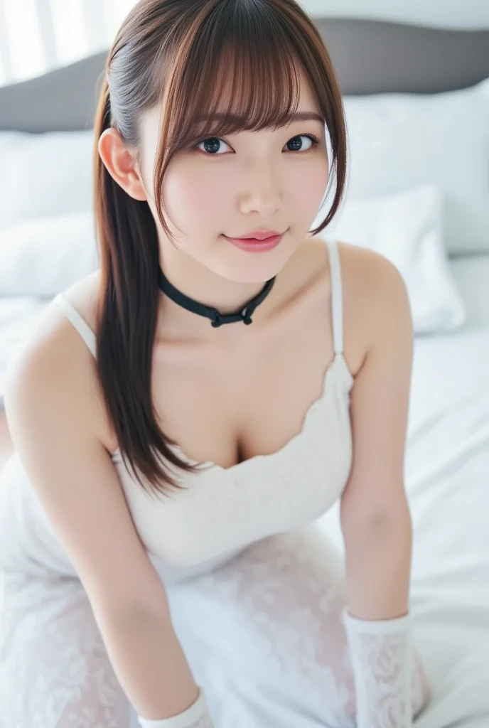 8K highest quality、（beautiful）、Brown Hair、looking at the camera、Soft 、Embarrassed、naked、Nipples、Pussy、Frill headband、Larger breasts、Spread your legs、Knee socks、Shoot from above、Selfie、Thin pubic hair