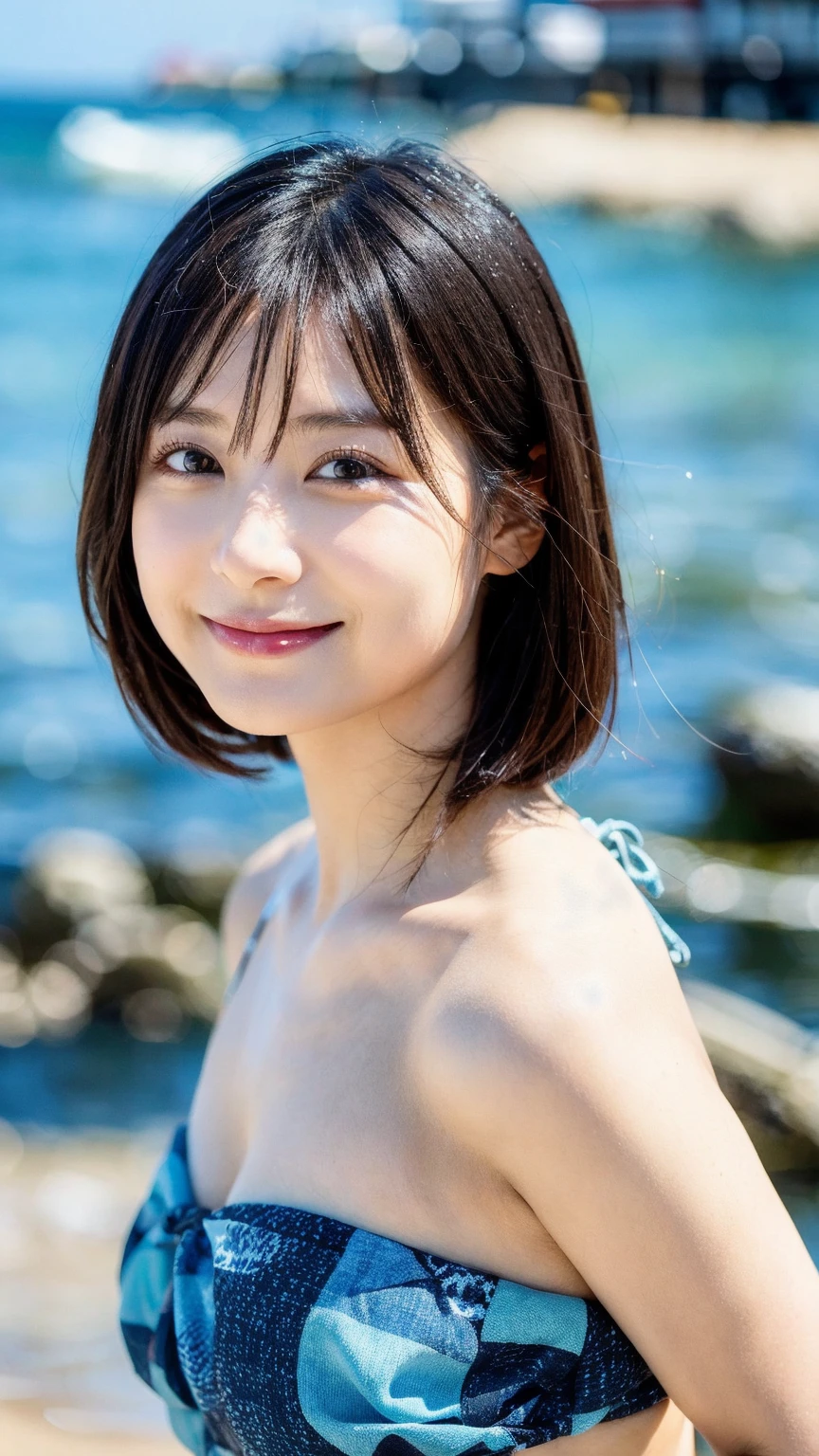 RAW photos), (realistic), (masterpiece), (best quality), high resolution, 8k, (intricate details), (Voluminous light), portrait, female, 3, medium hair, straight hair, Center chest gap, layered hair, brown hair, very nice eyes, source order, very nice eyes썹, very good skin, Very good mouth, Very good nose, Cute like an idol, happy smile, (thick lips), (looking at viewer), (Simple black bikini), slim body, Voluminous breasts, ((maldives beach)), ((Hair that is very wet))