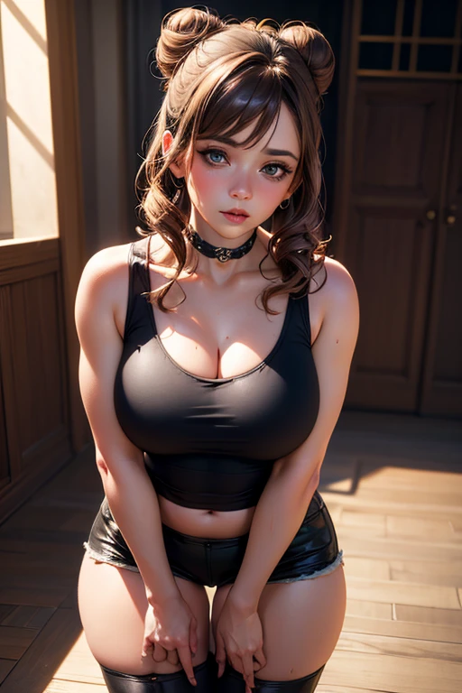 Browsing Caution, ((masterpiece)), ((Highest quality)), (Very detailedな), ((cute)), cute, ((Very detailed)), 4K, (8k), Highest quality, (beautiful), hyper cute face, shape, Anime Style,hyper Genuineistic, Genuine, Dynamic Angle, ((whole body)), close, Thick outline, Clear contours, on stage, (bare girl:1.5), beautiful light brown hair, beautiful brown eyes, ((beautiful eyes)), (Hunchback, Emphasize cleavage:1.5), short hair, Big Breasts, smile