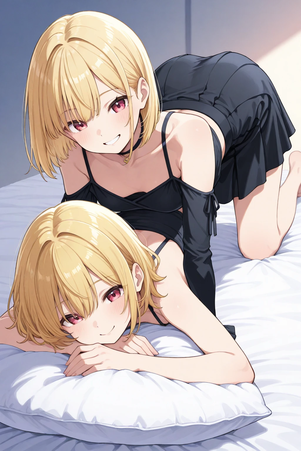 2D Anime Style、Blue eyes、Beautiful eyes, (Talented lo-fi:1.3) Cool adult woman with short blonde hair and a tired expression.,in bed room,Clothes are disheveled,Almost naked,Spread your genitals with your fingers and show them,accept genitals,A large amount of white water overflows from the genitals.