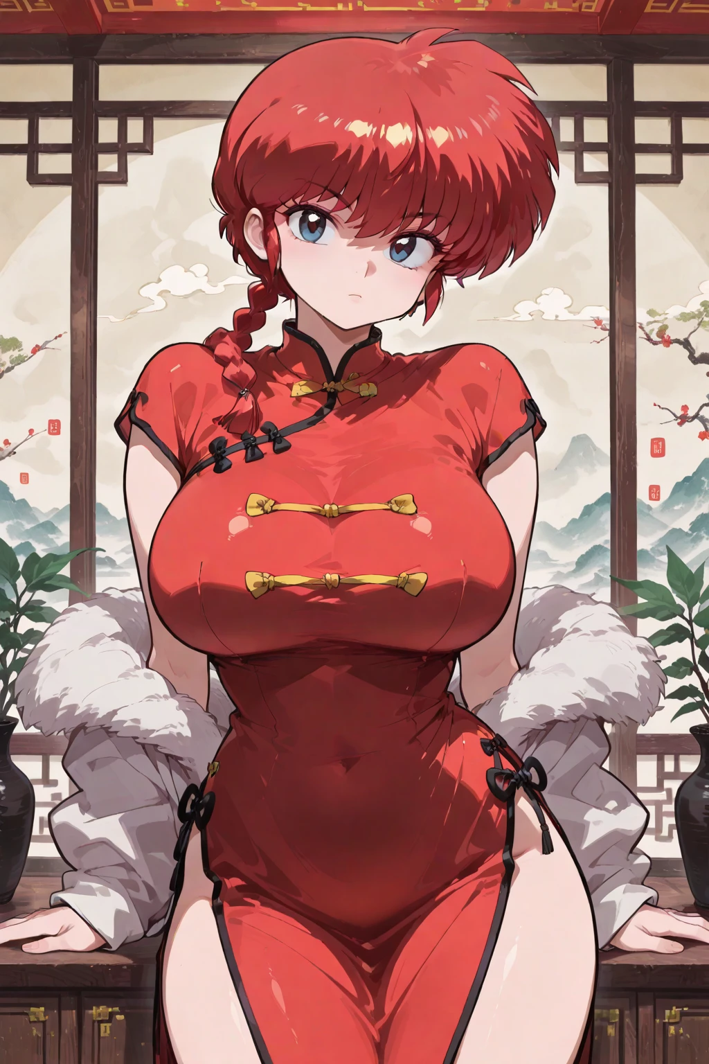 masterpiece, best_quality, highres, RanmaChan, red_hair, (single_braid), blue_eyes, big_breasts, standing, chinese_clothes, <lora:RanmaChan:.5>,
