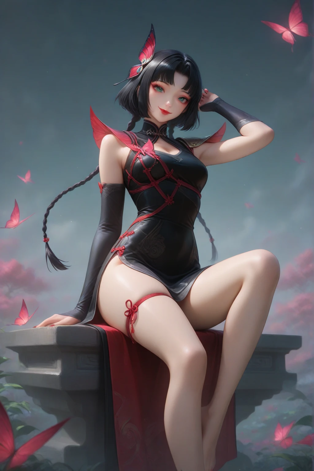 one person, High resolution, High resolution, masterpiece, Anatomically correct, accurate, Winner of numerous awards, Textured skin, retina, Black Hair, Split Ponytail, Slim Body,Slanted Eyes, Contempt/angry gaze, Wide-angle shot, Barrette, anaglyph, Unreal Engine, Black Mini Cheongsam,third seats of a Alphard,Teen,No sleeve,race,AA-cup,Over the knee socks,Makeup that doesn't suit me,シースルー,full body portrait