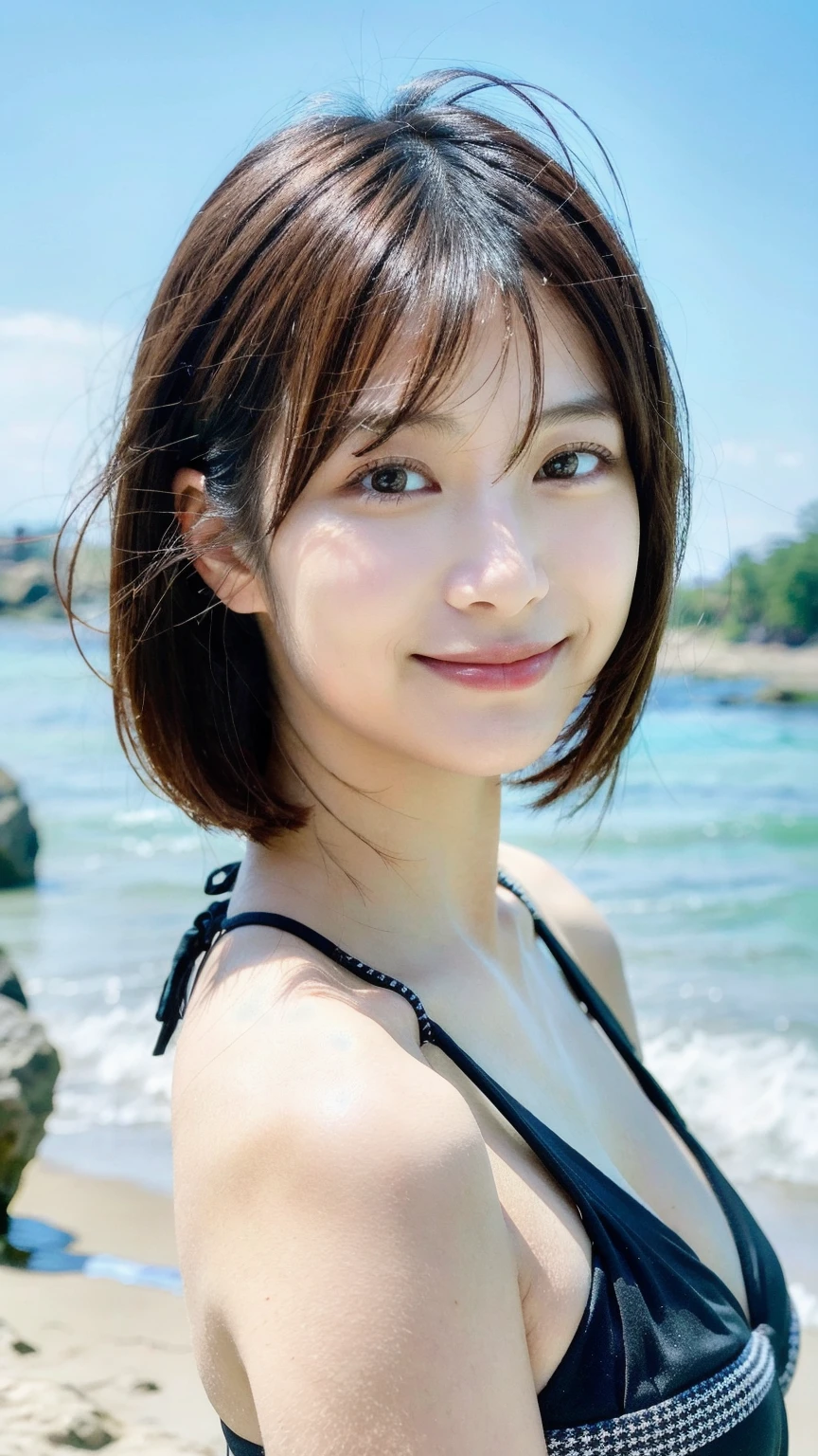 1 beautiful woman, photorealistic, ultra detailed, high resolution, 8K wallpaper, light brown hair, South Sea beach, sexy and bold swimsuit, cute big ass, sharp focus, perfect dynamic composition, realistic and finely drawn beautiful eyes, finely drawn hair, fine and realistic skin texture, smiling, close-up portrait, model body shape, (Representative Works: 1.3), (8k, photorealistic, raw photos, Highest image quality: 1.4), (30 years old mature woman),small face, beautiful face, (realistic face),no makeup、natural makeup、light makeup、 (Dark brown, short hair: 1.3), beautiful hairstyle, realistic eyes, beautiful detailed eyes, (Photorealistic skin), beautiful skin, (sweater),、Bust B Cup、 disorganized, Charm, 超High definition, Super realistic, High definition, golden ratio, FF Tifa、,sunny day beach background,