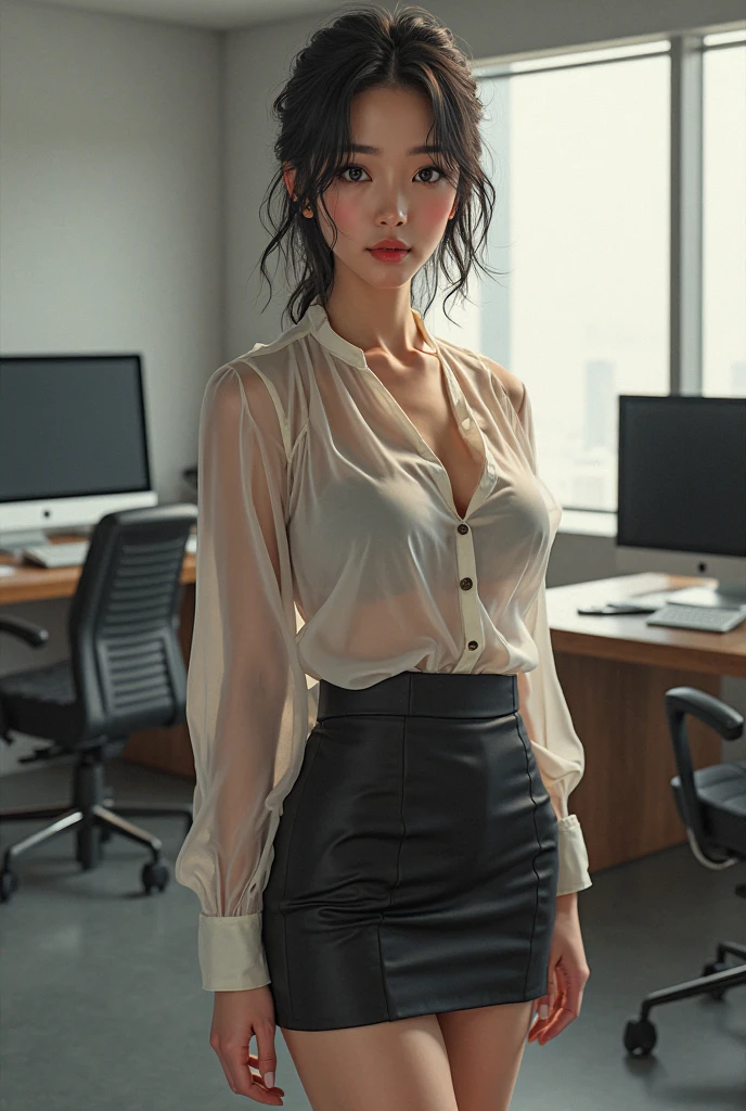 (8K high image quality、Ultra-realistic details、masutepiece、photoRealstic)Sexy Office Lady、girl with、1 person、Wet from rainYThe shirt、The chest is open、The tight innerwear is visible、lower suit skirt、Cold face、Shooting from the knee up、The background is a busy office area、Blur the background、rain is falling、