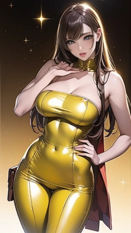 (((Yor Briar))), long black hair, red eyes, ulzzang, gold headband, realistic depiction, elegant appearance, pale and shiny skin, full lips with lip gloss, red and gold monochromatic color scheme, soft lighting, cleavage, huge tits, gold bodysuit, thigh highs, casual, ((arms behind back)), sexy, blushing