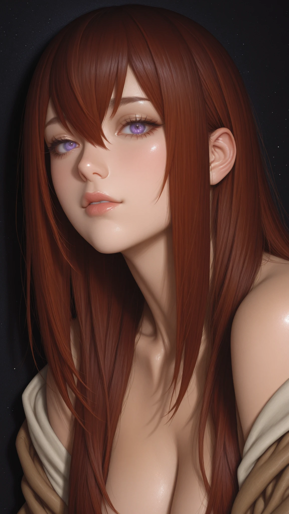 A girl with long smooth red hair, purple eyes, fair skin tone, slender and athletic built, nude, (masterpiece), (best quality), (ultra-detailed)