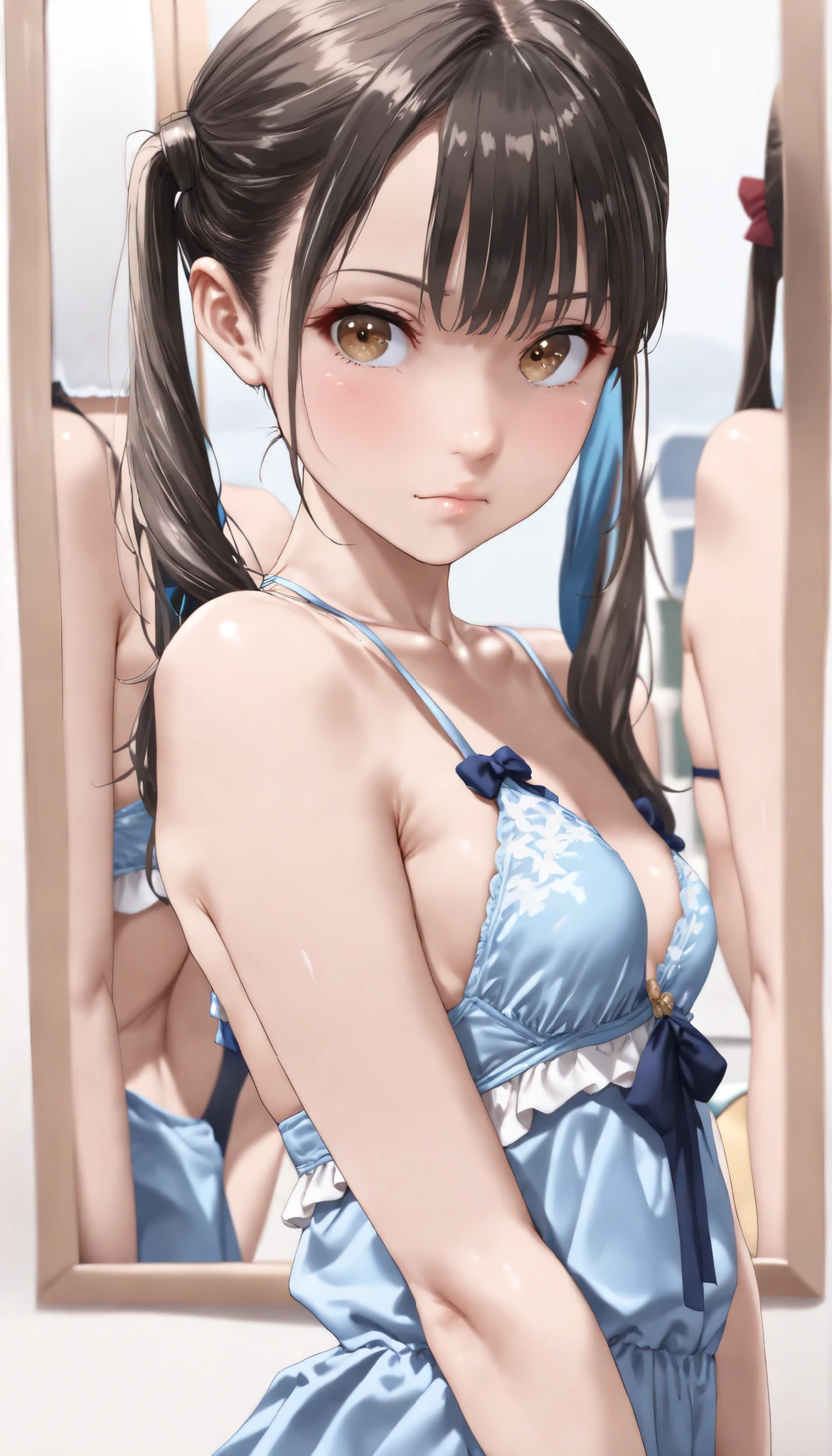 1 woman, alone, 8K, masterpiece, (The shirt will be tight around the chest...............:1.5), Masterpiece, 8ก, (big breasts:1.5), Cute face, smile a little, look at the audience., (hairy:1.8), (nipple:1.6), , blue panties, Show some shirts.. ,