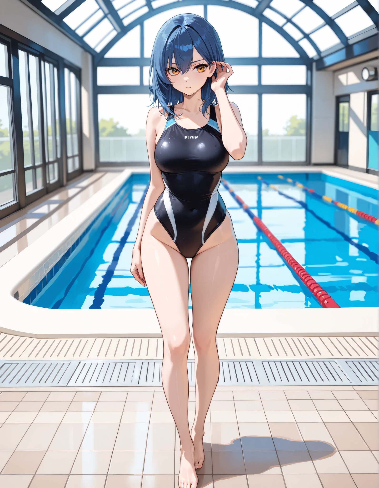 ultra-Top-quality by art God, ultra-detailed, high resolution, shinkai makoto style, anime moe artstyle, best anime 8k konachan wallpaper, pixiv contest winner, perfect anatomy, break,(Please draw a picture of a girl in a swimsuit sitting on a bench by the poolside alone.),break, a hyperrealistic school girl, parted lips, (Solo,lolita, ???, 13-year-old:1.3),Full limbs, complete fingers, androgynous charm, very long hair, wet hair, small breasts,slender body, Small butt, groin, Small black eyes,hanme,beautiful detailed eyes, well-proportioned iris and pupils, sleepily, highres detailed hair, swimsuit, wet swimsuit, bare shoulders, thighs, in the school pool. break,super detailed skin, shiny skin, Best lighting powered by famous artist, 8k, illustration,UHD, textured skin,break,((artist:toosaka_asagi )), artist:clamp ,artist:carnelian ,artist:kantoku ,