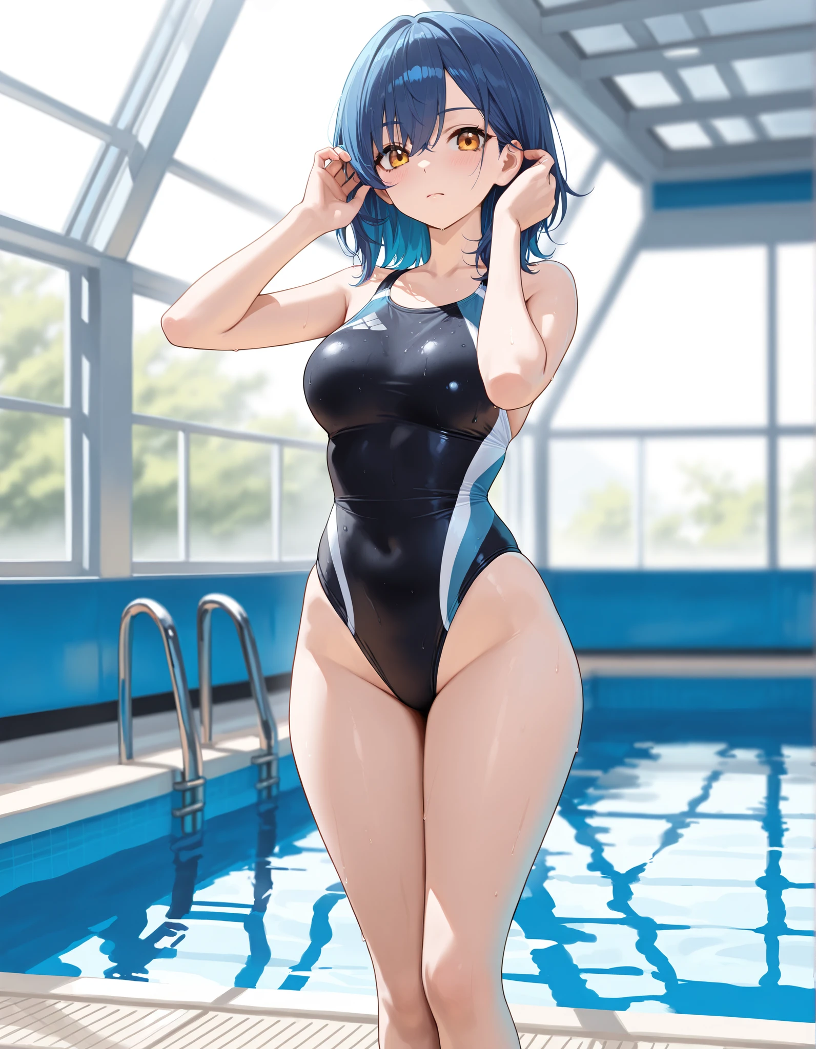 (masterpiece, best quality), intricate details, kamiyaai, 1girl, looking at viewer, school swimsuit, pool, wet, light smile, open mouth,  <lora:kamiyaaiV1:0.8>
