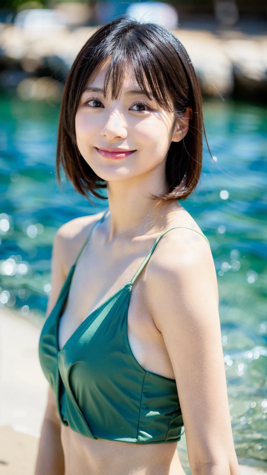(realisitic、hight resolution:1.3)、1 girl with a perfect figure、shorth hair、bikini:1 in random color.2、niples、in a cafe、Colossal 、Exposed cleavage