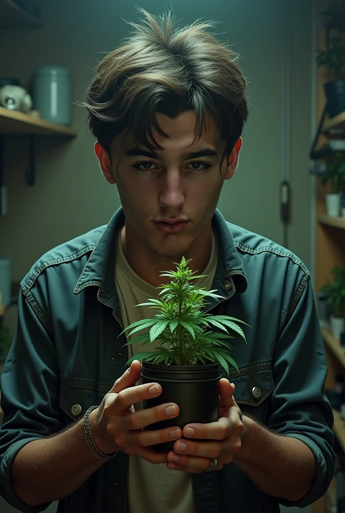 Young boy smoking cannabis in room with cannabis leaf detail