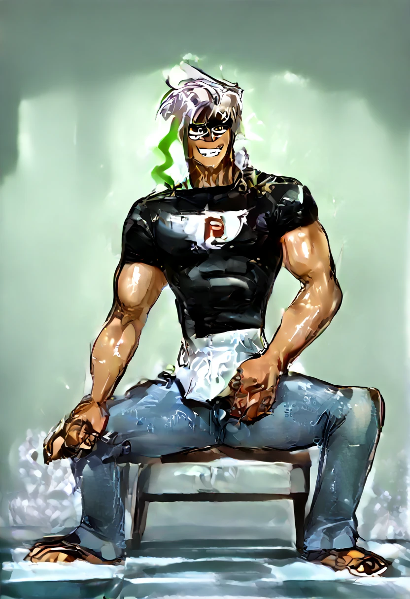 This image has to be in anime a 2 m tall man with tan skin silver hair and long yellow eyes wearing a pink top hat with a white tiger print in the center he is not wearing a shirt he is wearing pink suspenders with pink shorts with very short white and black shoes white socks and white gloves he is in a gay nightclub and he is sitting at the bar drinking a glass of milk the bartender is dressed as a lamb around his neck he has a black choker with a small chain going out to a neon sign that says Candy Boys in one of his hands he is missing a pink magic and giving a beautiful smile