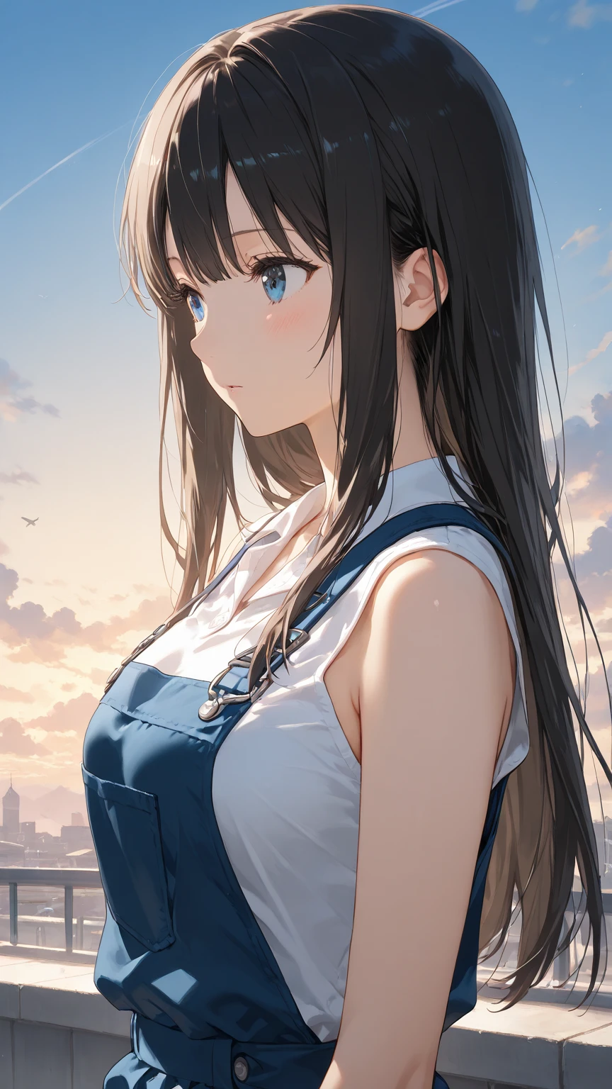 1girl, (solo:1.2), ((masterpiece)), (shadow), [slim], (small breasts), ((sharp focus)), pale skin, ((detailed eyes)), (blurry background), long hair, farm, naked (jeans overall), armpits, bare shoulders, bare arms, collarbone, sleeveless, standing, leaning, smiling, cheerful, messy hair