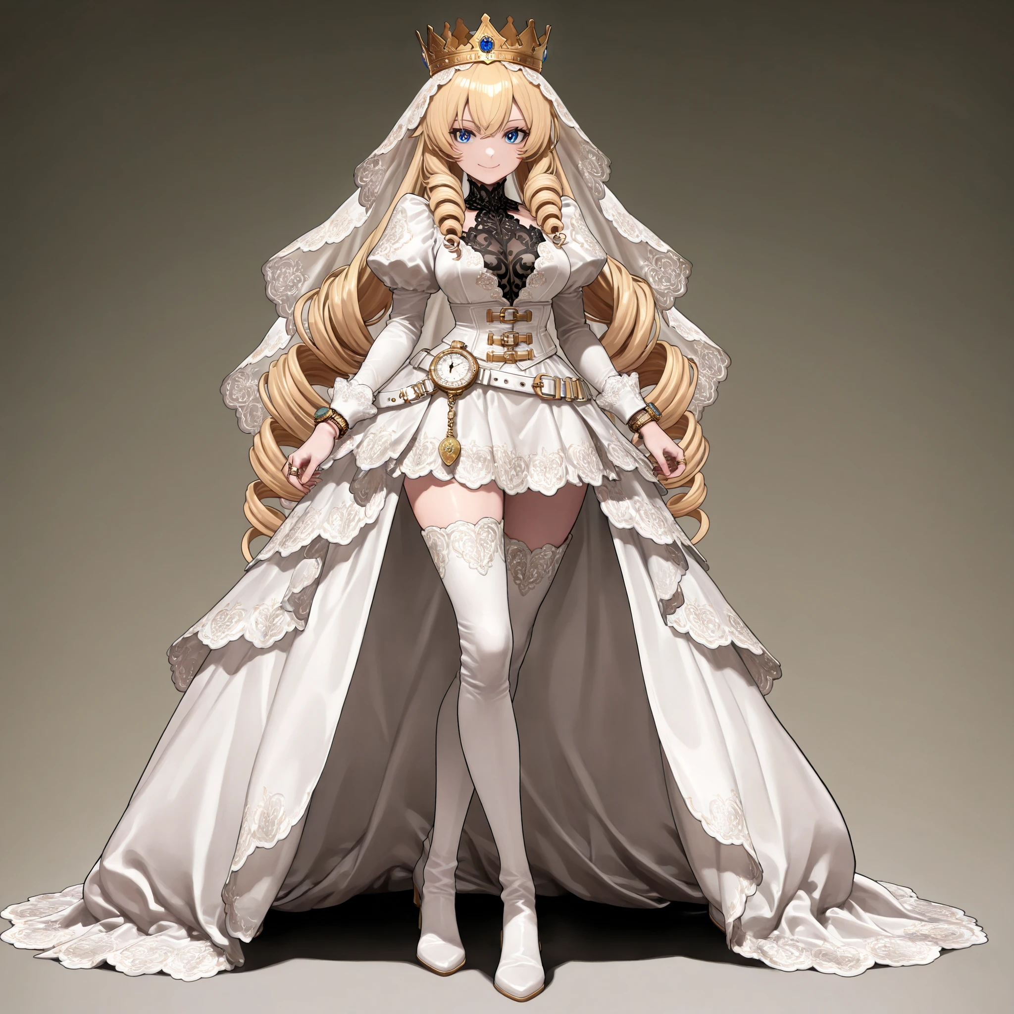 masterpiece, 最高masterpiece, Very Detailed:1.2, 8k Resolution, (High key lighting, Front Light, Subtle Shadows), Very spacious々a chapel with a drapery look , (solo), Warm Smile, blond hair, (((Twin Drill Hair))) , royal crown, とても長いVeil, {Veil :1.3}, { アンティークアラベスクVeil }, レーストリムVeil , レッドインナーVeil , blue eyes, smooth skin, { High Neck Lace }, black neck lace , White Mini Dress, Juliet Sleeves, flower-shaped sleeves , ( has 3 gold rings on his wrist ), a white belt corset , {The center of the waist round buckle Gold Heart Engraved}, 4 cloth belts hang loosely from buckles around his waist , white muskets , many muskets lined up behind him , white stockings, WHITE LONG BOOTS, that defies the laws of physics , (watch viewers), from side, wide shot, detailed eyes, Beautiful Eyes ,kind smile