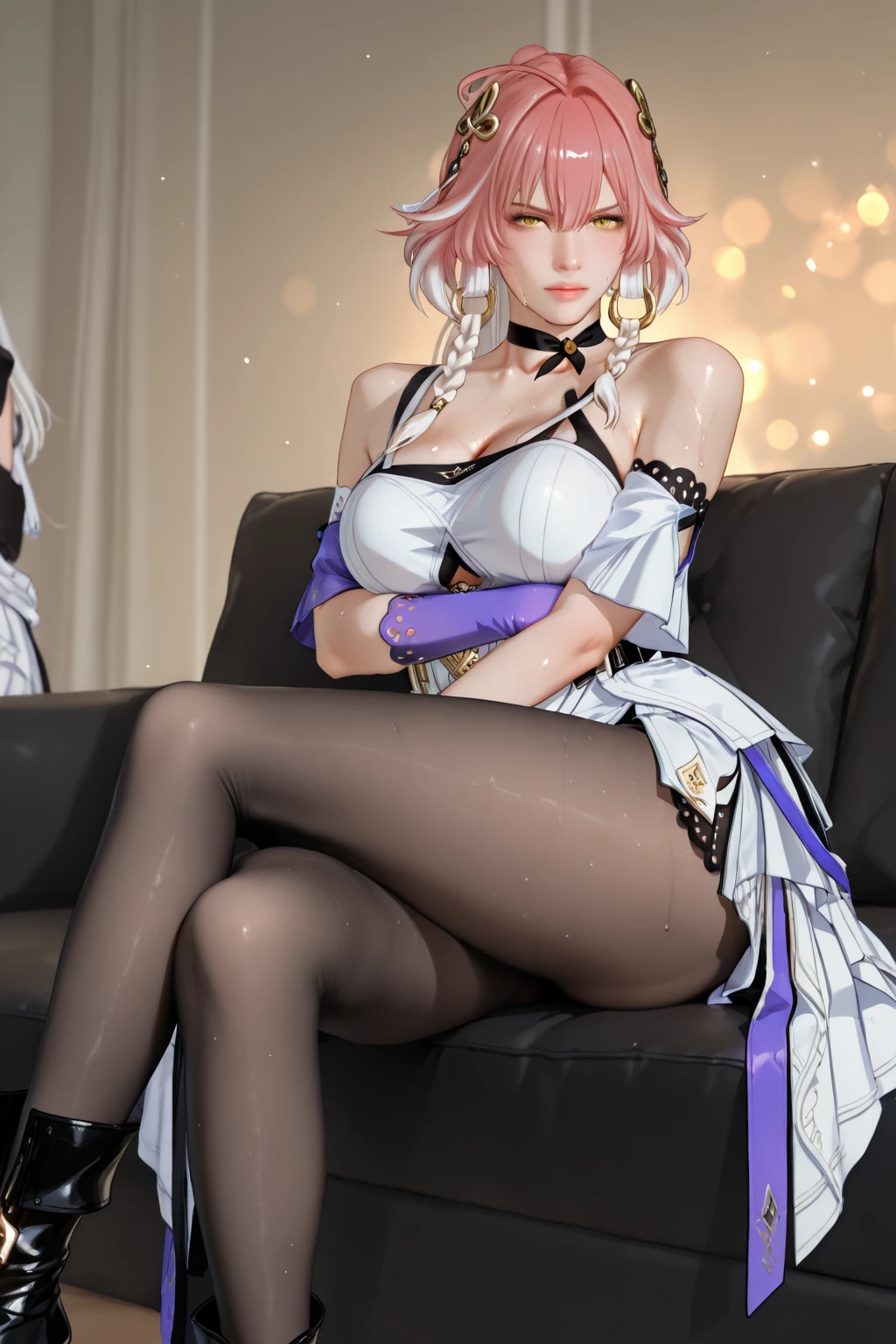 "(masterpiece:1.2, best quality), (finely detailed beautiful eyes: 1.2), masterpiece*portrait ,detail, pink eye, pink hair, large breasts, blush, thigh highs, white thigh highs, sitting, looking at the viewer, bed"