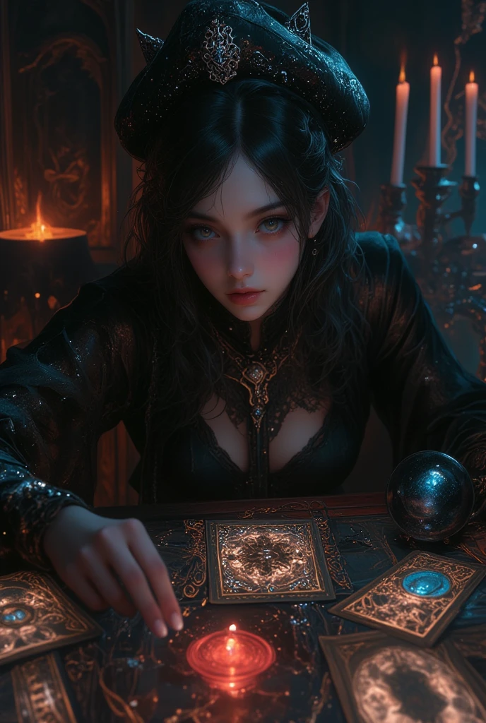 top quality, future world, State-of-the-art robot, Beautiful Woman, flying hair, Transformed into a cyborg except for the face, sexy images, whole body photo, ((Astrologer, star signs ring on table, Horoscope ,candles, star signs book, star headband, star necklaces, floating on air, in the sky, giant magic circle, star magic circle ))