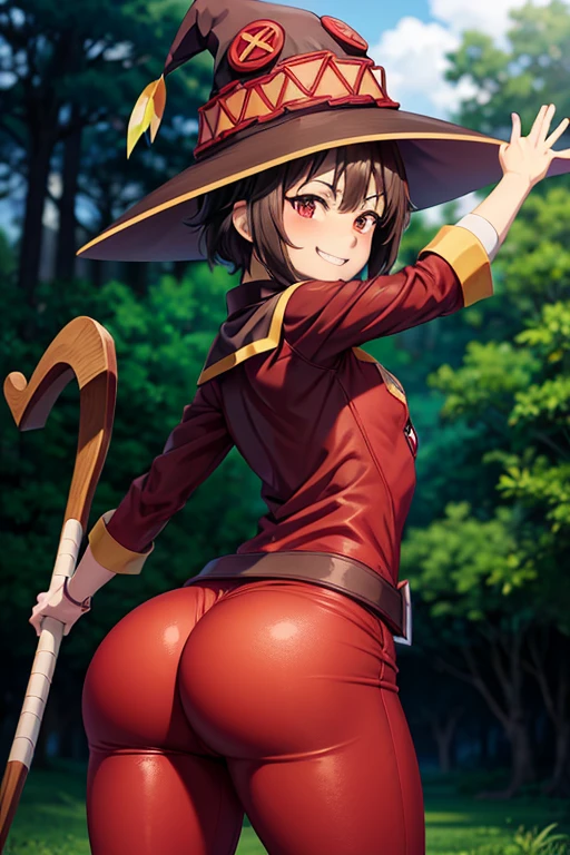 1girl, tan skin, tan, tan-skinned female, from behind, ass, ass focus, thong, panties, jacket, smile, smirk, smug, breasts, huge ass, thick thighs, mature female, black hair, very short hair, yellow eyes, forest, black jacket, ((black jacket)), hooded jacket, belt, military hat, cap, gloves, highleg, gun, highleg thong, black thong, tomboy, pixie cut, thighhighs, black thighhighs, ((highleg))