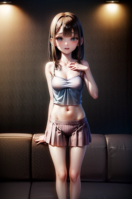 (a young, sensual woman with a short skirt showing her underwear, in the shower with wet clothes, wearing a bra),(high-res, lifelike painting),(vivid colors, bokeh),(seductive gaze, beautiful lips, stylish outfits, confident posture),(soft lighting, warm tones),(portraits, erotic art)