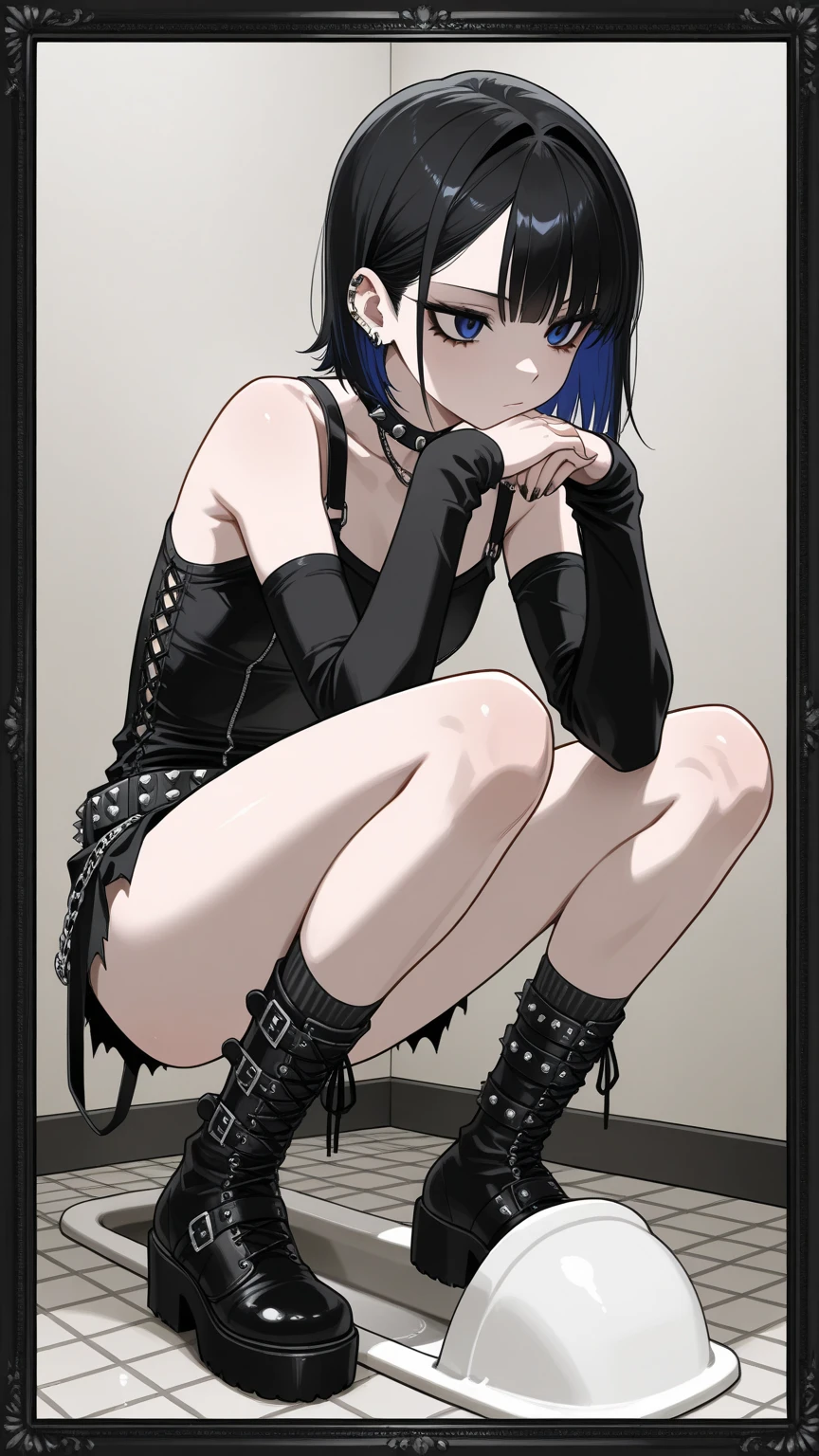 score_9, score_8_up, score_7_up, score_6_up, score_5_up, score_4_up, source_anime, 1girl,sit, blue hair,ponytail,white eyes, w-w-chain, spread arms, messy hair,black shirt,shorts,thigh high boots, black boots,dark, nigth, dungeon, best quality, best res, 4K UHD,