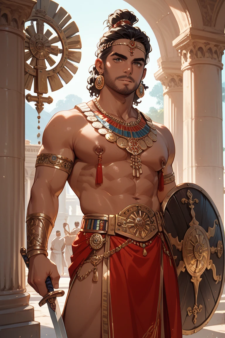 ((artwork)) ((body completo)) ((30 year old man)) body: brownish skin, high, muscular, ((body hair)) ((platinum ruby hair)) male face, barba, beautiful eyes, detailed eyes ((Gold colored eyes)). Expression: Seductive, sonrisa Seductive. CLOTHES: Red Greek Cape, TOGA BLANCA, Gold ornaments, greek prince ornaments. pose: dynamic. scene: greek temple, Greek columns. Decor: winter, decoración de winter brillante, Wonderful lighting.