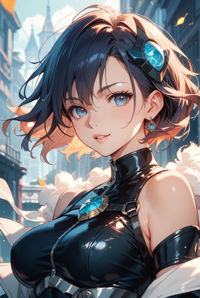 masterpiece, Highest quality, (((Ruined battlefield)))、(((Open your eyes wide and smile)))、Raising awareness, Sax Blue, プラチナEarrings, Platinum Necklace, Black bodysuit, One Girl, cute, (Dynamic Lighting:1.2), Cinema Lighting, Delicate facial features, Detailed eyes, Sharp pupils, Realistic student, Written boundary depth, ボケ Written boundary depth, Sharp focus, (Very detailed, bloom, Shine:1.4), Lots of little gems, (((long_hair))), Twin tails、Earrings、分けた前hair、銀hair、whole body、Ultra close-up footage、The top is transparent up to the chest.、See-through design。The bottoms are a very short navy blue pleated skirt.、Fits snugly around the waist。The background is simple white.、this、The text is easier to see.。The light source is a soft light from the front....、The overall atmosphere is bright and clean....。