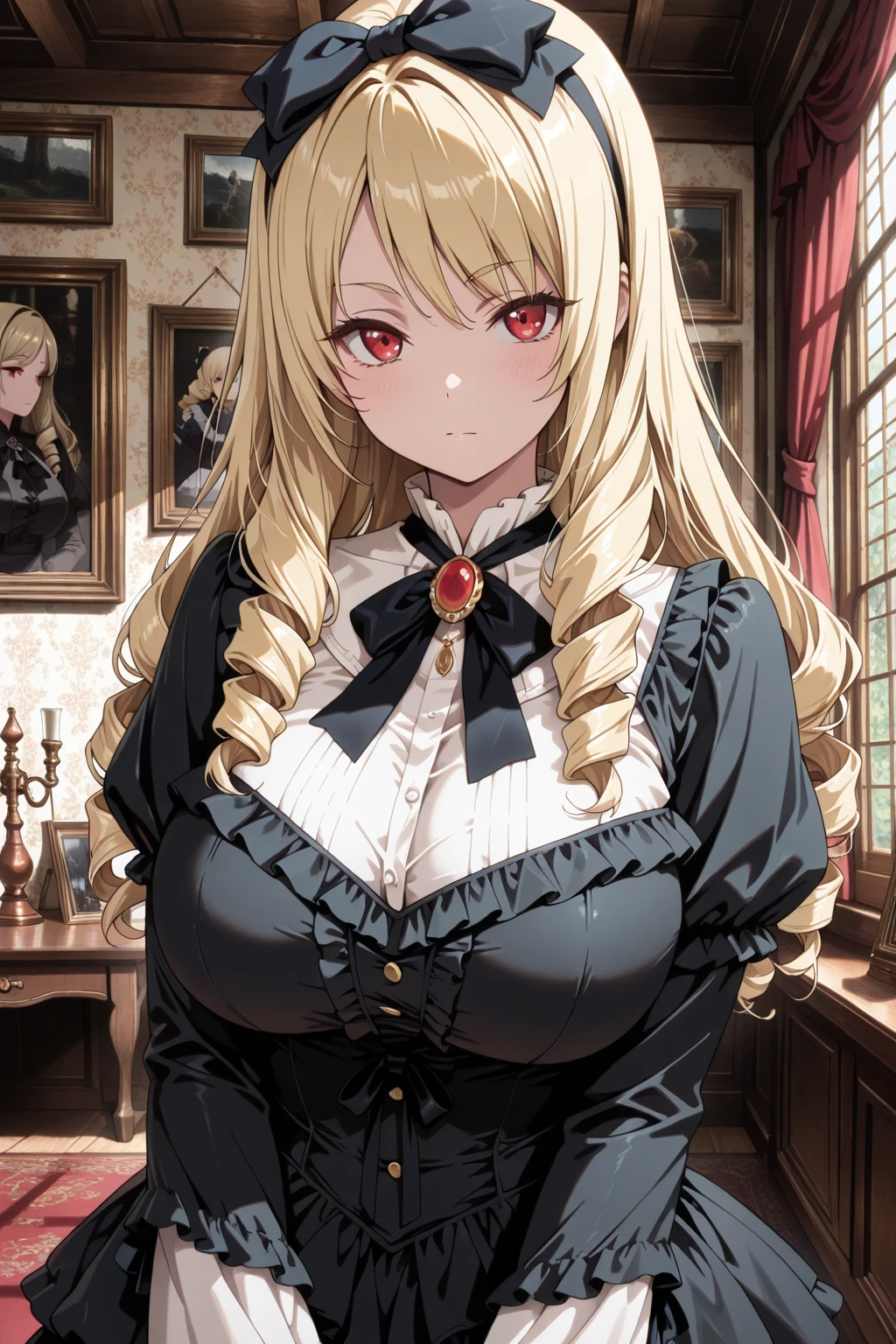 (Masterpiece, Best Quality, High Quality, Highres:1.4), Detailed, Extremely Detailed, Ambient Soft Lighting, 4K, Ornate,

Indoors, (Renaissance, Vintage:1.4), Plants, Window,

1Gril, (Solo:1.4), (Milf:1.2), Standing, Upper Body, (Face Focus:1.2),

(Extremely Detailed Hair:1.2), Blonde Hair, Long Hair, Long Sidelocks, Bangs, (Hair Intakes, High Ponytail:1.4),

Expressionless, Emotionless, (Red Eyes, Glaring, Contempt, Disgust, Looking at Viewer:1.2),

Curvy, Huge Breasts, Skindentation, (Bursting Breasts:1.2), 

(Tiara:1.2), Crown, (Cleavage, Strapless, Red Dress, Frilled Dress, Long Skirt, Puffy Skirt, Puffy Sleeves, Juliet Sleeves, Long Sleeves:1.2), Jewelry,