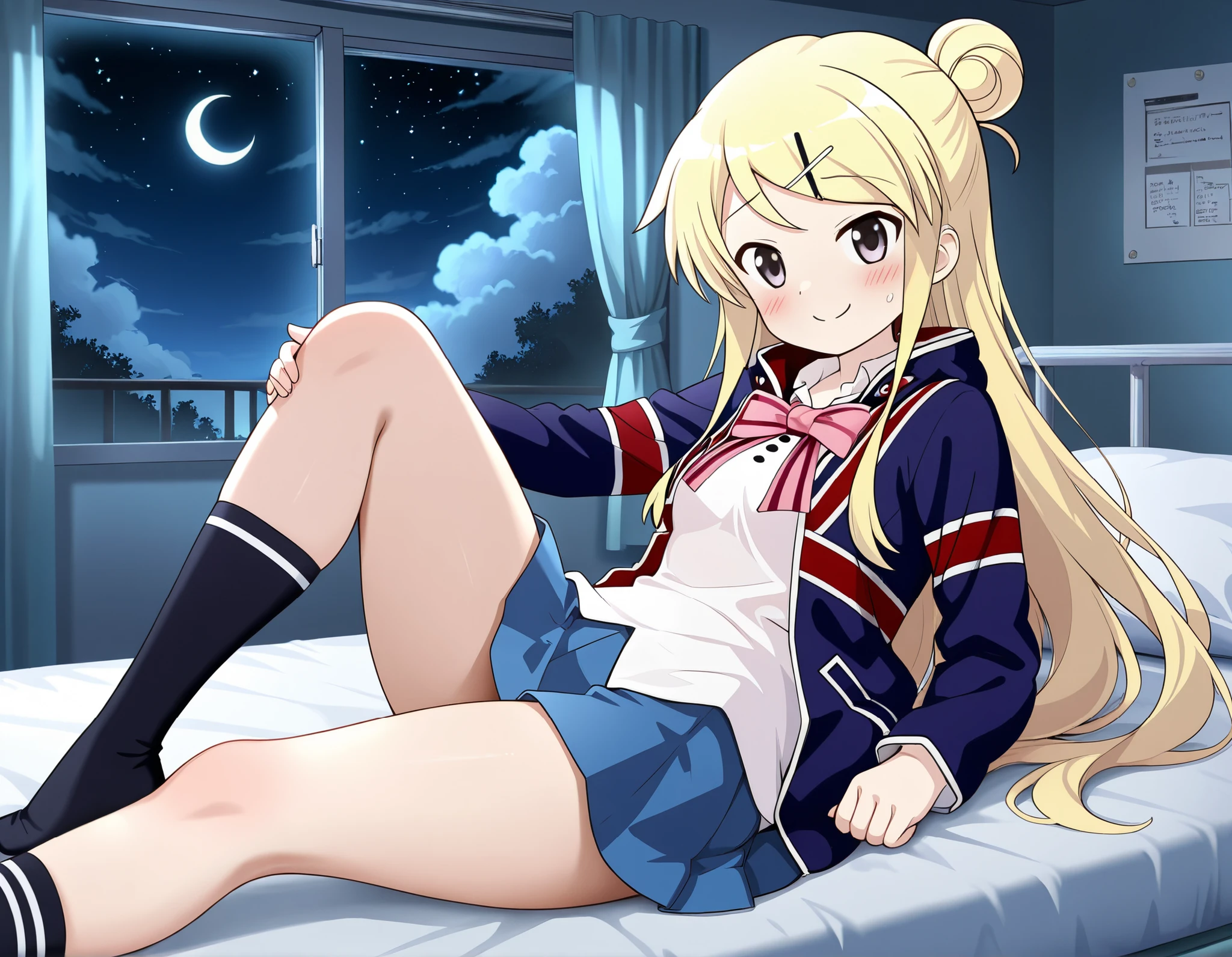 1girl , unwellness(autonomic nervous system disorder and depression) smile thick thighs Kujou Karen very long hair , blonde hair , single hair bun , hairclip , x hair ornament , sidelocks , side swept bangs , black eyes , white shirt , collared shirt , union jacket , pink bowtie , neck ribbon , pink ribbon , long sleeves , small breasts , miniskirt , blue skirt , black socks , lying alone on the bed , infirmary , crescent moon , star(sky),cumulonimbus cloud, dark background, knee up,lying down on a futon