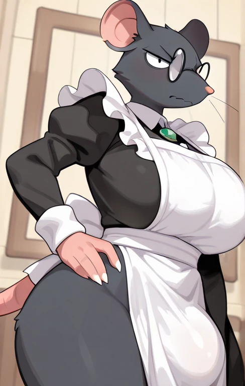 score_9, score_7_up, furry, 1girl, solo, fembugbunny, grey fur, white fur, whiskers, animal nose, makeup, gothic, black hair, hime cut, maid, maid apron, maid headdress, cleavage, large breasts, portrait, border, looking at viewer, arms behind back, black lips